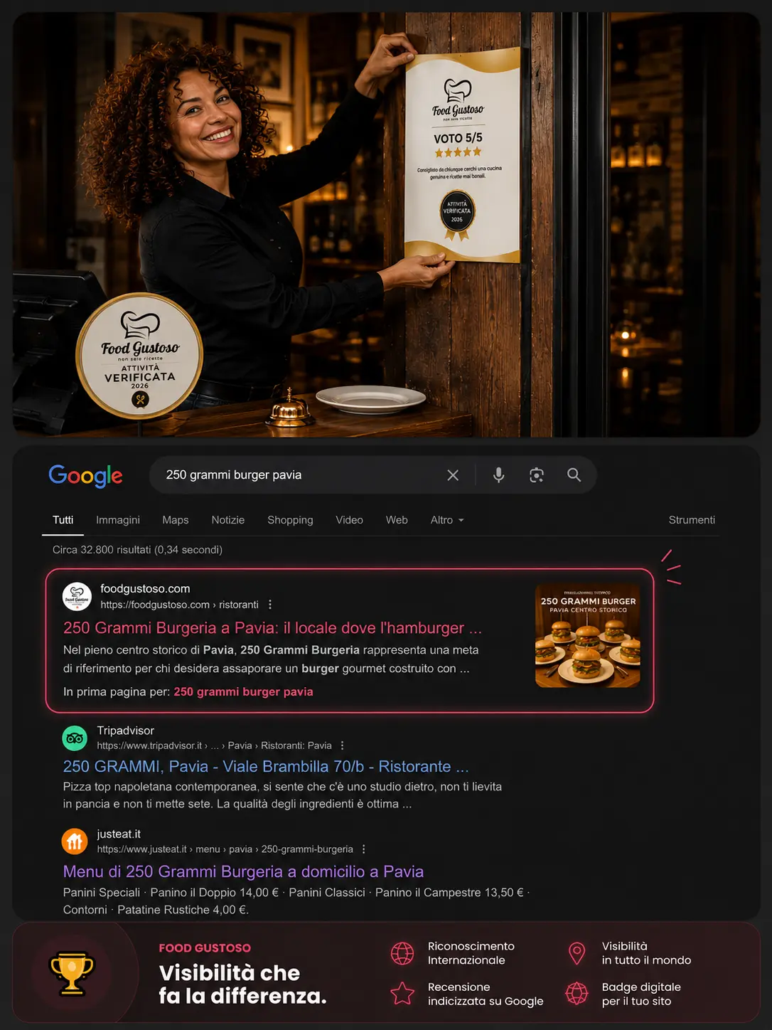 Targa certificata e vetrofania Food Gustoso per il ristorante